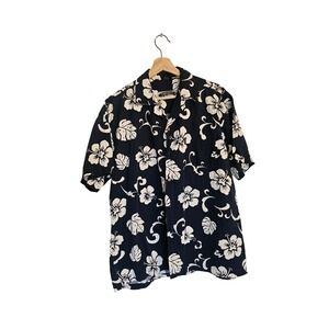 Palmwave Hawaiian button up Shirt XL Navy Blue White Hibiscus Floral Print